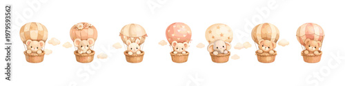 Cute teddy bears in hot air balloons with pastel patterns and clouds