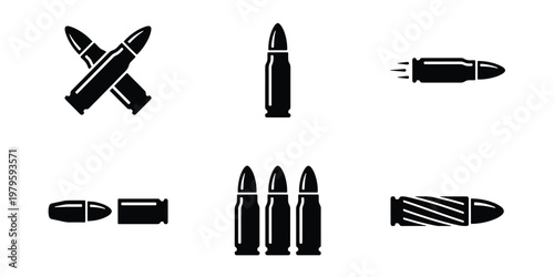 Military bullet icon set, black ammunition vector symbols, 6 firearm projectile elements, gun ammo shell and cartridge graphics for hunting and defense