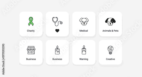 Collection of Minimalist Icons: Charity, Medical, Pet, Business, Candle, Creative Ideas