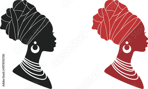 Elegant African woman silhouette with headwrap and jewelry in traditional cultural style