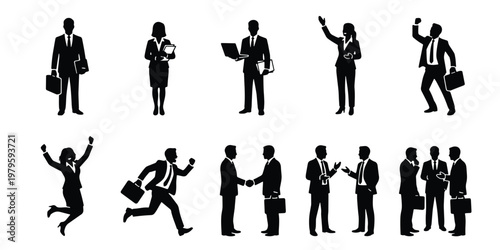 Business people silhouettes set, professional corporate workers in suits, office employees and entrepreneurs in various poses, vector icons collection