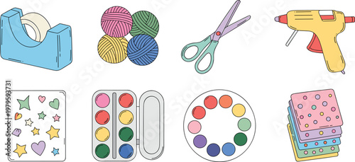 Craft and art supply icon set with scissors glue gun yarn and paint for DIY projects and creative hobby vector illustration.