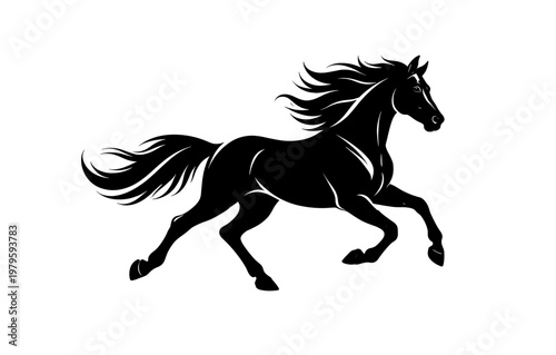 Dynamic silhouette of a galloping black horse on white background
