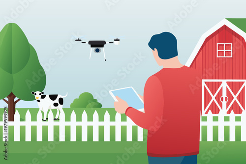 A farmer uses a tablet to control a drone over a rural landscape