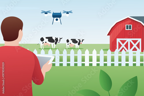 A farmer uses a drone to monitor livestock and a rural farm scene