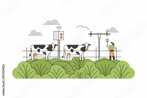 A whimsical illustration depicts a cow crossing with a farmhand and traffic signal
