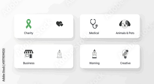 Conceptual Icons for Charity, Medical, Business, and Creative Industries