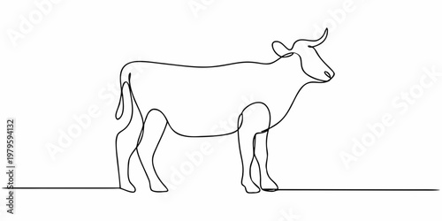 Minimalist one line drawing of a cow standing in profile view