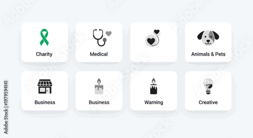 Collection of modern icons for web and app design: business, charity, pets, medical, creative
