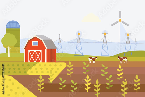 A vibrant farm scene featuring red barns cows and wind turbines