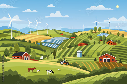 Rolling hills showcase a vibrant farmland scene with renewable energy sources