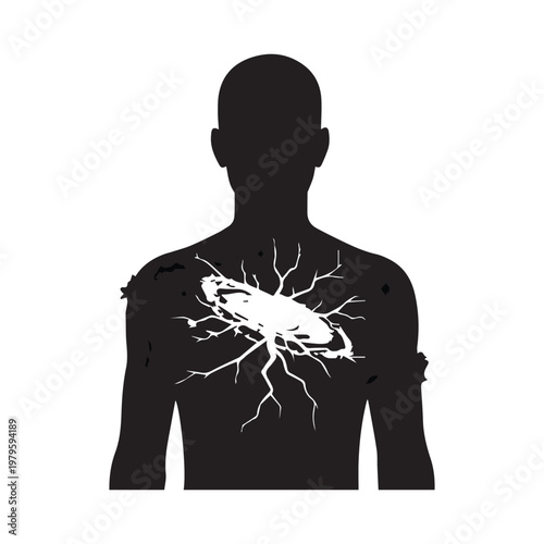 A black silhouette of a person's chest area with a white depiction of a shattered or exploding galaxy.