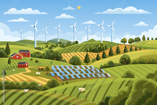 Rolling green hills showcase wind turbines solar panels and idyllic farm life