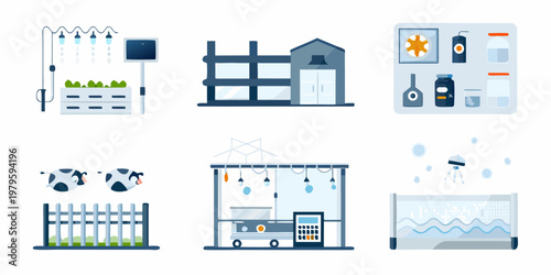 Modern agricultural technology icons hydroponics livestock and automated systems