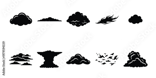 Black cloud silhouettes set, 10 weather icons in vector format, minimalist storm and cumulus cloud shapes, dark atmospheric sky elements for design