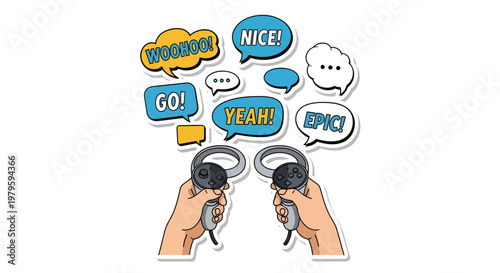 Hands holding megaphones with speech bubbles and encouragement words