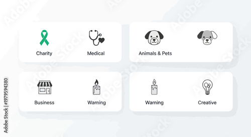 Creative icons for charity, medical, pets, business, and ideas