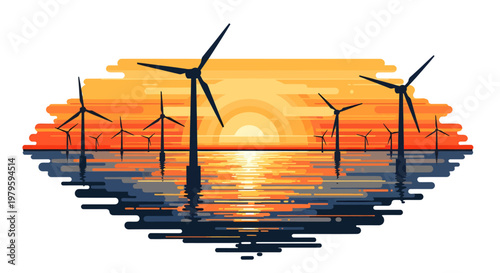 Wind turbines at sunset over water, renewable energy concept