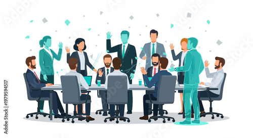 Innovative business meeting with holographic presentation engaging diverse team