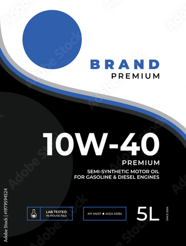 Professional blue 10W-40 semi synthetic motor oil label template for car engine lubricant packaging design.