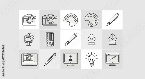 Creative Icons Set: Camera, Palette, Pen, Computer, Light Bulb for Design