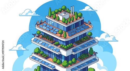 Eco-friendly green building with solar panels and rooftop garden