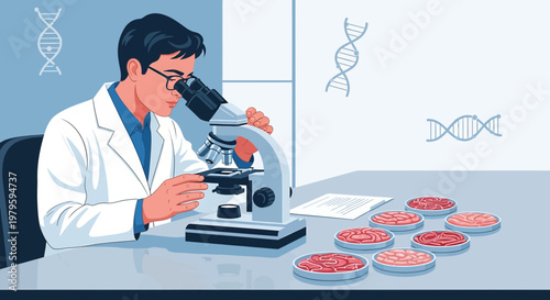 Innovative cultivated meat research, scientist analyzing cellular agriculture advancements,