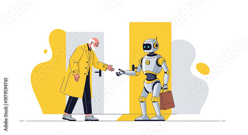 Innovative delivery solutions robot offering assistance and delivery to elderly man