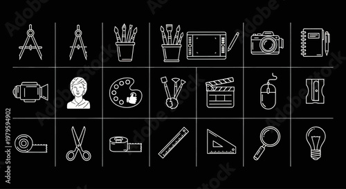 Creative Tools Icons Set: Design, Art, Photography, Filmmaking, Illustration, Office Supplies