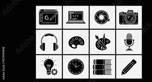 Creative Work Icons: Digital Art, Coding, Photography, Music, Design, Writing