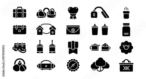 Collection of travel, food and lifestyle icons in silhouette