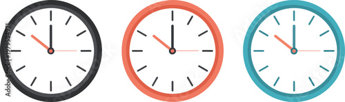 Clean vector design of three modern clocks with different color frames displaying same time in simple flat style