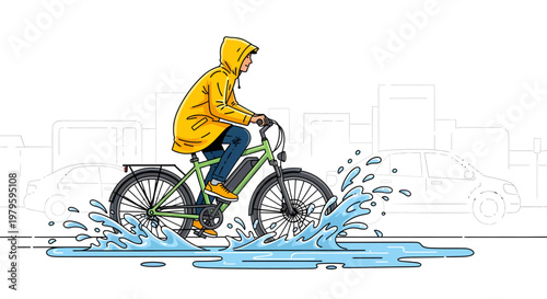 Cyclist riding through puddle on rainy day in city
