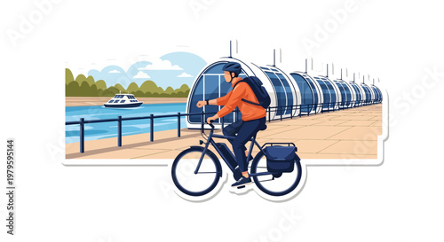 man riding bicycle along waterfront promenade with cargo