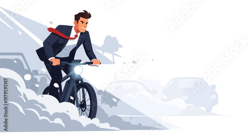 Businessman riding bicycle through snowy city street with cars