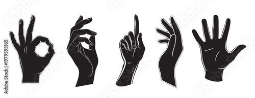 Collection of five black silhouettes of hands demonstrating different gestures with body part black
