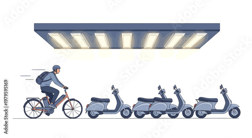 Cyclist riding past electric scooters under street light