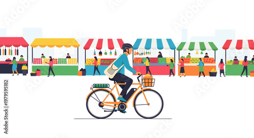 Person riding bicycle past colorful market stalls