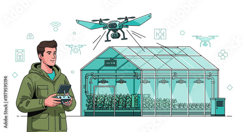 Innovative farming: farmer using drone technology for greenhouse crop surveillance and management