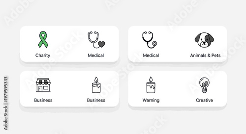 Concept Icons: Charity, Medical, Business, Animals, Warning, Creative