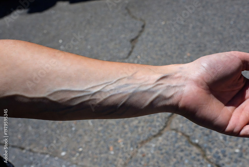 A hand resting on asphalt pavement displaying visible veins.