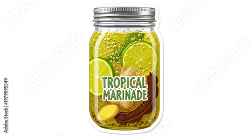 Tropical marinade in a glass jar with lime slices and spices