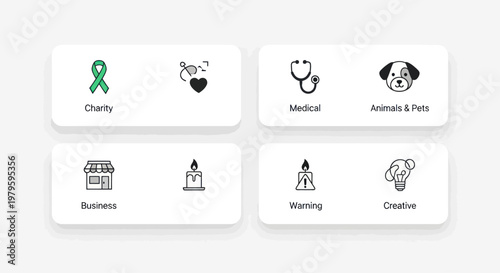 Concept Icons: Charity, Medical, Business, Pets, Warming, Creative Ideas