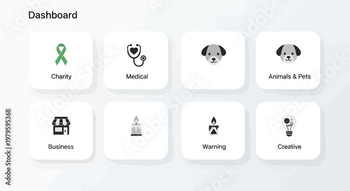 Dashboard UI Design with Icons: Charity, Medical, Pets, Business, Warning, Creative