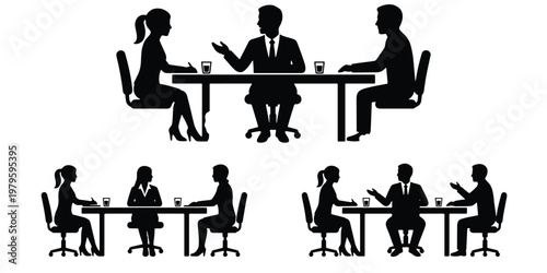 Business meeting silhouette set, professional corporate interview silhouettes, office workers sitting at conference table, black vector people icons