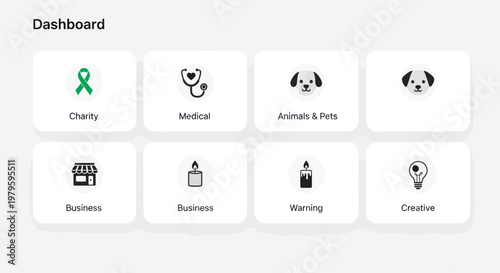 Dashboard UI with Icons: Charity, Medical, Pets, Business, Warning, Creative