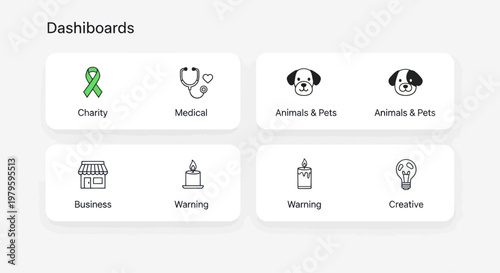 Dashboard UI with Icons: Charity, Medical, Pets, Business, Warning, Creative