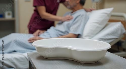 Clean bedpan resting on a bedside table in a hospital room, representing patient hygiene, nursing assistance, and palliative care