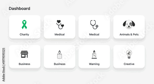Dashboard UI Icons: Charity, Medical, Business, Pets, Warning, Creative
