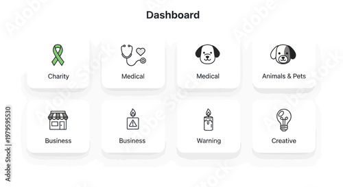 Dashboard UI with Icons for Charity, Medical, Business, Animals, and Creative Ideas